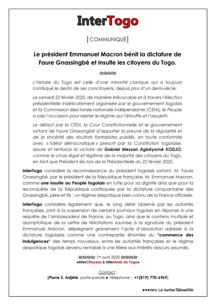 Le président Emmanuel Macron bénit la dictature de Faure Gnassingbé et insulte les citoyens du Togo.