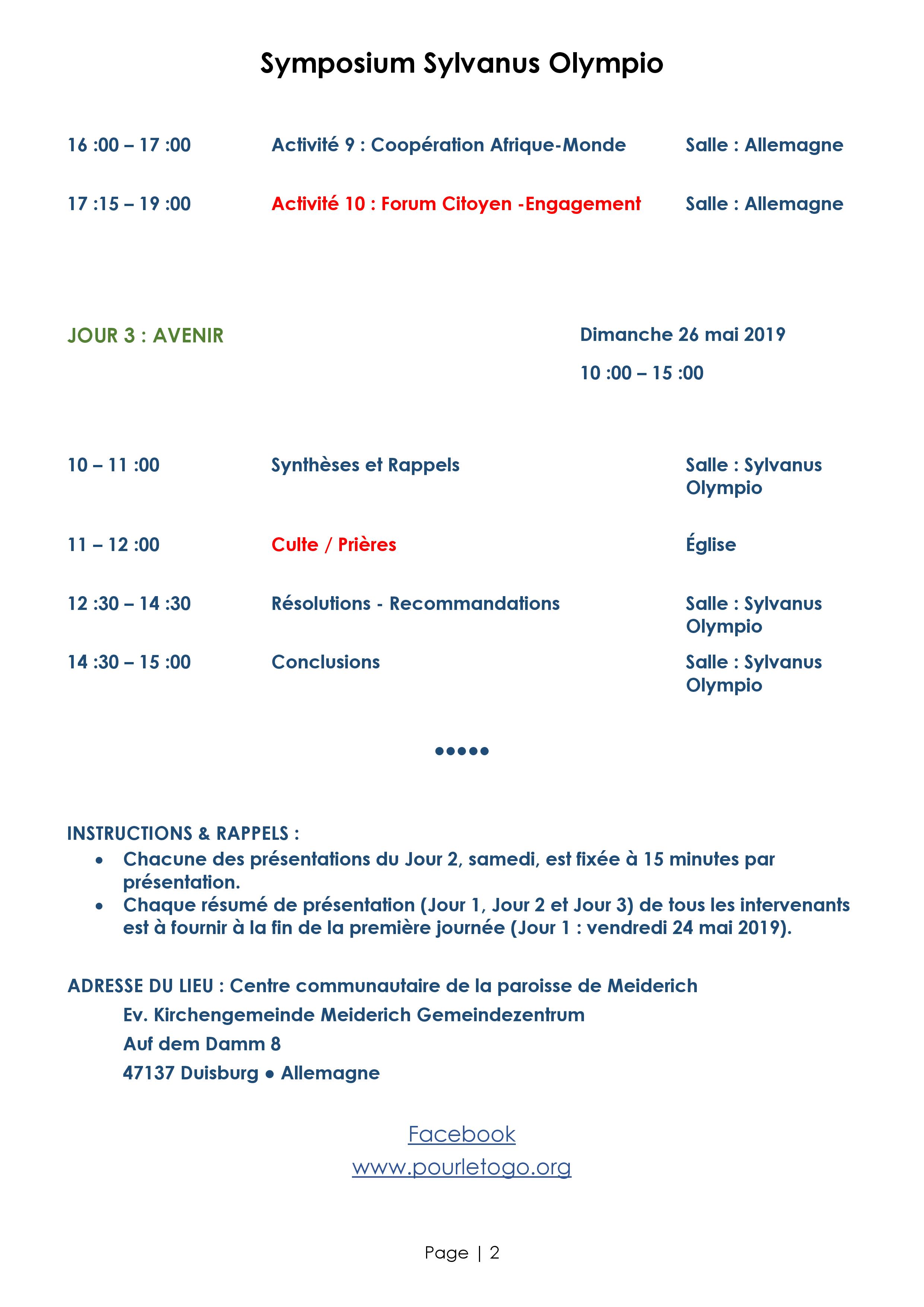 Symposium Sylvanus Olympio - Programme Préliminaire